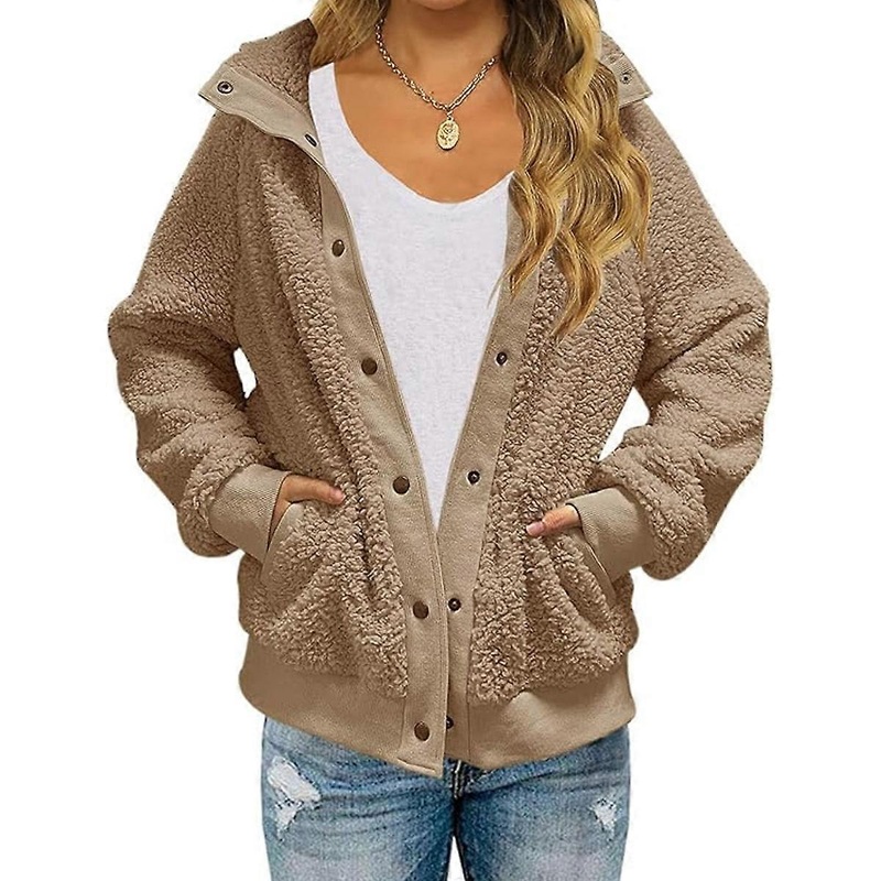 (NEWPATTERN)Womens Winter Long Sleeve Button Sherpa Jacket Coat Pockets Warm Fleece | Fruugo SG